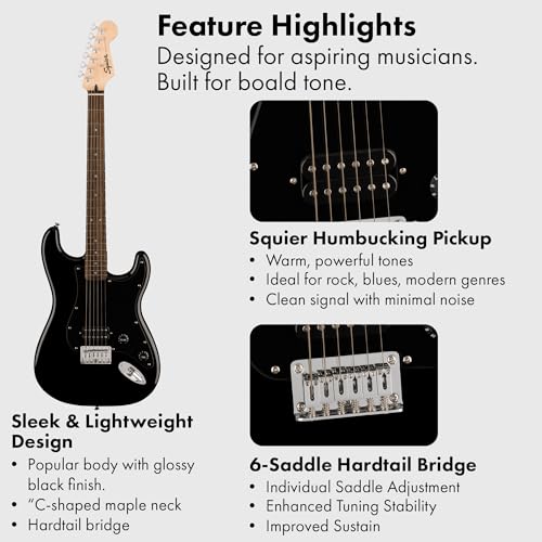 Image of Fender Squier Sonic Stratocaster HT H - Black Bundle with Frontman 10G Amp, Tuner, Strap, Cable, Picks, and Austin Bazaar Guitar DVD