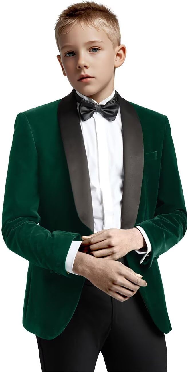 Boy's 2 Piece Velvet Suit Shawl Collar Solid Jacket Slim Fit Tuxedo Suits Wedding Dinner Prom Blazer Jacket