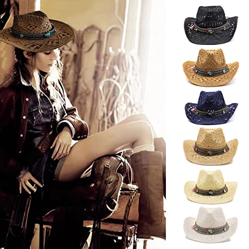 Llyone Straw Cowboy Hat For Women Wide-Brimmed Western Cowboy Cowgirl Multi-Functional Sun Hat For Summer #TOP4