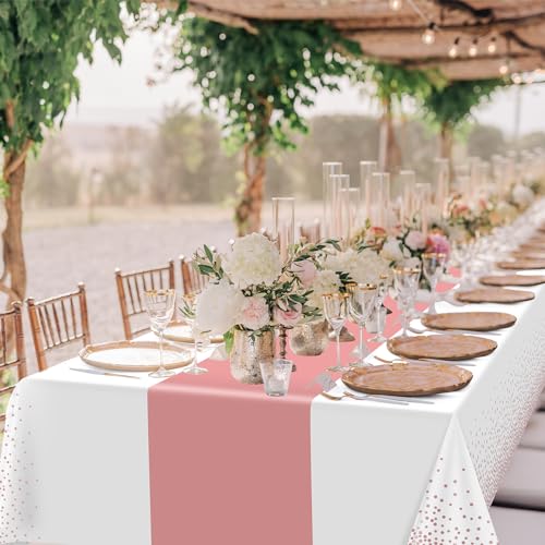 Image of 1Pcs White and Rose Gold Tablecloth Party Decorations,Plastic White Table Cloth Printed Rose Gold Table Runner Disposable Rectangle Cover for Birthday Anniversary Wedding Grad Party,54 x108 Inch
