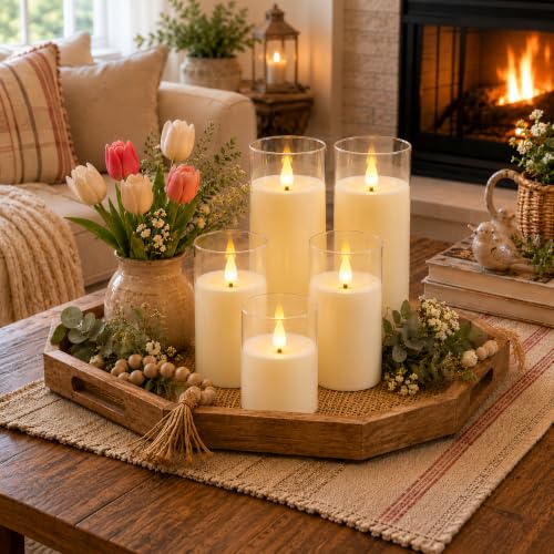 Image of Fo32won Ivory White LED Flameless Pillar Candles Battery Operated with Remote Timer, 5 Pack 3D Flickering Acrylic Candles for Home Living Room Bedroom Fireplace Wedding Party Holiday Decor & Gift