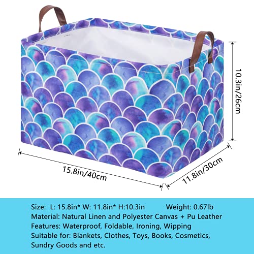 Image of Mermaid Storage Bin Basket Collapsible with Leather Handles Waterproof Canvas Storage Cube Box for Closet Toys Clothes Nursery Room Gift Basket