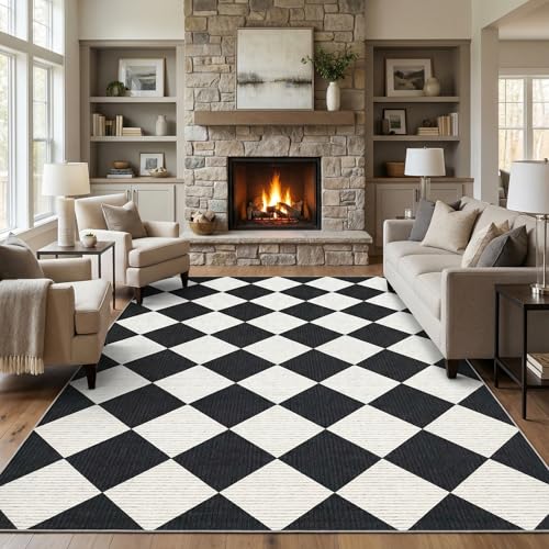 GarveeHome Black and White Area Rugs 8x10 for Living Room, Checkered Large Washable Rug Soft Non Slip Backing Floor Mat Carpet Indoor Thin Rug for Bedroom Dining Room Playroom Nursery Home Decor