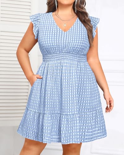 Image of Talisea Women's Plus Size Summer Dress - Casual V-Neck Flutter Sleeves A-Line Short Sun Dress with Pockets for Beach Vacation