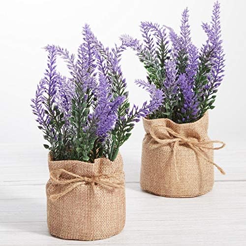 LUEUR Artificial Lavender Potted Flowers, 2 Pack Fake Potted Lavender Flower for Table Decoration, Faux Flower Planter in Burlap Pot for Home Decor