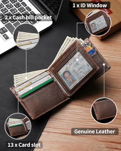 Image of Artpaxy Mens Wallet Bifold Genuine Leather RFID Blocking Wallet for Men with 1 ID Window 13 Card Holders 2 cash pockets 1 Gift Box