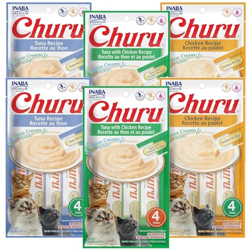 INABA Churu Cat Treats, Lickable, Squeezable Creamy Purée Cat Treat with Green Tea Extract & Taurine, 14 Grams Each Tube, 24 Tubes (4 per Pack), Tuna with Chicken Recipe