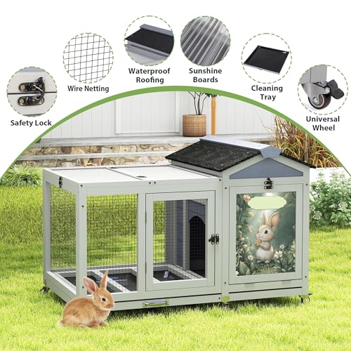COZIWOW 39inches Assembled Wood Rabbit Hutch Indoor，Wide Space Small Animal Houses with Removable Tray&Safety Lock，Bunny Cage with Waterproof Roof&Solar Panels (Grey with Pattern) - Thumbnail 4