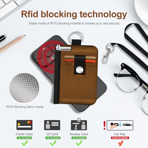 Image of Minimalist RFID Blocking Small Wallet with ID Window,WaterResistant Zip Id Case Wallet with Lanyard Keychain for Cards,Cash,Travel,Women,Men (Brown)