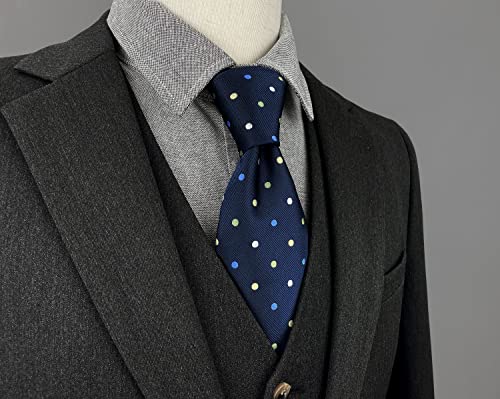 S&W SHLAX&WING Gravatas masculinas azul escuro com bolinhas verdes amarelas e brancas tamanho clássi