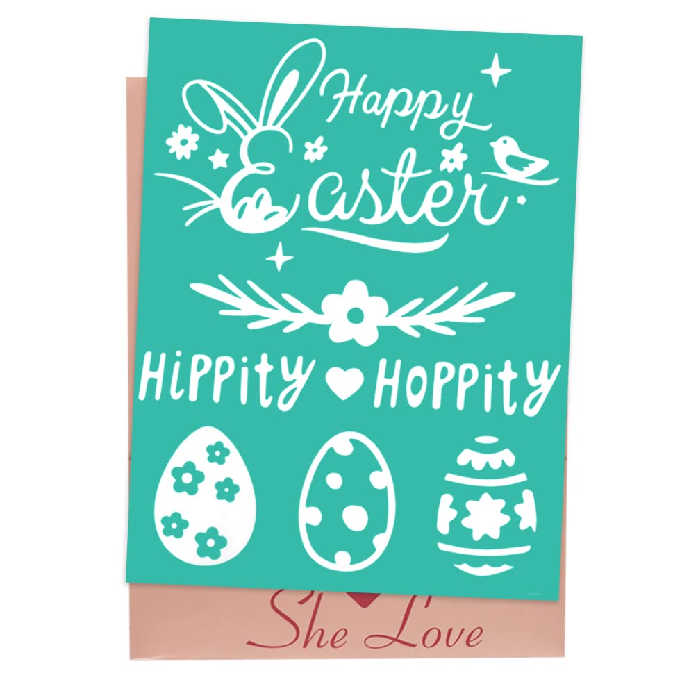 She Love Silk Screen Stencils, Easter Theme Self Adhesive Screen Printing Stencil Mesh, DIY Reusable Chalk Transfers for Painting on Wood Chalkboard Wall Floor Home Decoration (Happy Easter 1)