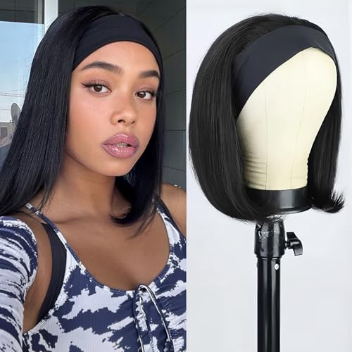 Perruque bandeau synthétique sans colle 14 pouces noire facile à enfiler