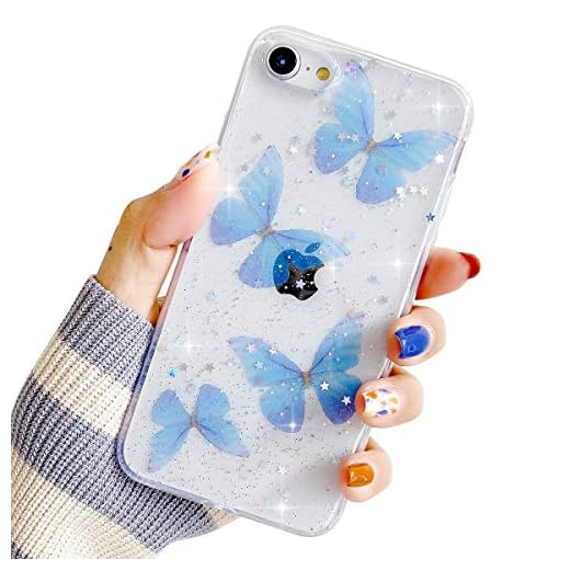 Compatible with iPhone 6/6s Case for Women Girls,Bling Glitter Silicone Bumper Cover Cute Blue Butterfly Sparkle Stars Design Clear Soft TPU Case for iPhone 6/6s 4.7''