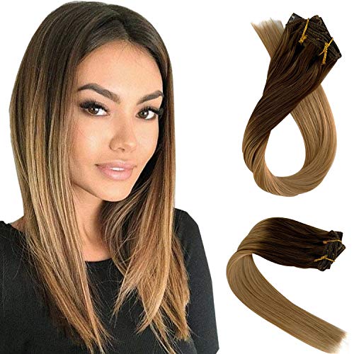 Hair Extension Clip in Human Hair 70grams 7pcs Short Straight Remy Hair Extensions Medium Brown with Strawberry Blonde Ombre Clip on for Women 15 Inches(#4T27)