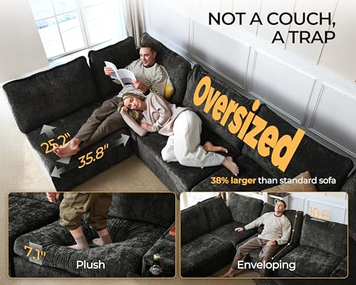 Image of 124.8'' Oversized Modular Sofa Comfy Cloud Couch with Storage Wide L-Shaped Sectional Sofa Set with Chaise for Living Room, Covers Washable, 4-Seater with Ottoman, Chenille, Black