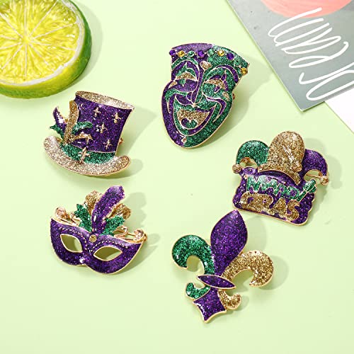 Image of Mardi Gras Brooches for Women 5 Pcs Glitter Mask Fleur-De-Lis Mask Skull Jester Feather Hat MARDI GRAS Crown Brooch Pins Bulk Festival Carnival Parade Party Brooches Accessories Gift for Mardi Gras Holiday Costume Decoration
