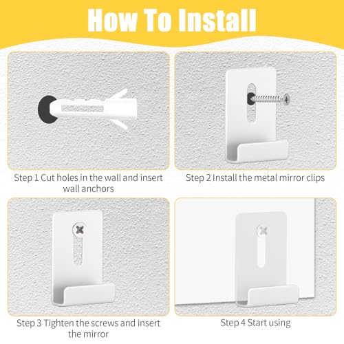 Image of 12 Pcs Metal Mirror Holder Clips Hanger Kit, Mirror Clips for Wall Mounting Holder Hanging with Screws Hooks, Frameless Mounting Hardware Heavy Duty Retainer for Tile Billboard Display(White)