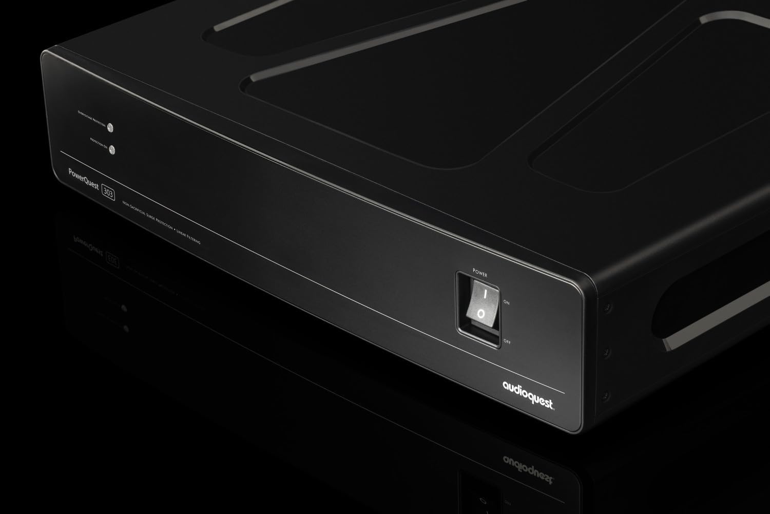 AudioQuest PowerQuest 303 front panel close-up with power switch and indicator lights