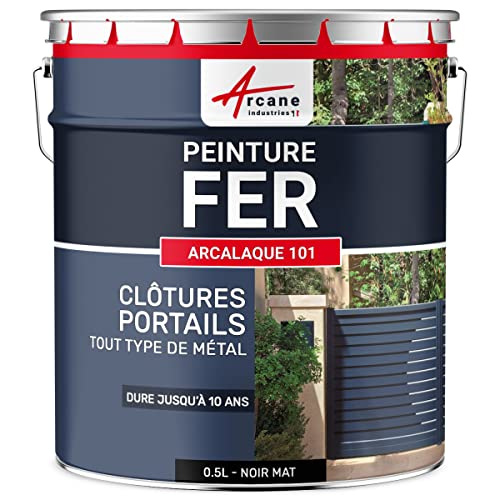 ARCANE INDUSTRIES Peinture métal et fer pour portail, grille, garde-corps : ARCALAQUE 101 Noir Mat - RAL 9005-0.5 L