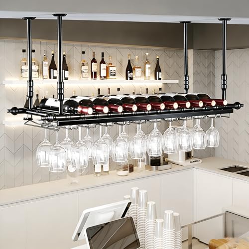 YTLEMON Soportes para Copas Colgante, Altura Ajustable Techo Botellero, Metal Porta Bottiglie da Vino Soporte de Copas Sostenedor para Barra Bar/Club/Armarios para Vino (BK, 120 * 30cm)