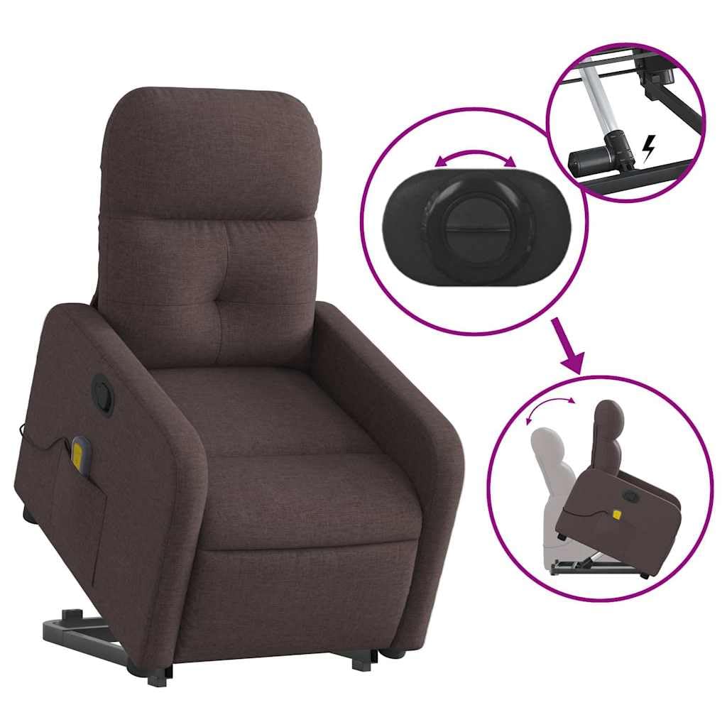 Sillón de masaje con ayuda para levantarse, funda de tela marrón oscuro, 6 puntos de vibración, función reclinable manual, cómodo sillón tapizado con reposabrazos, ideal como sillón de