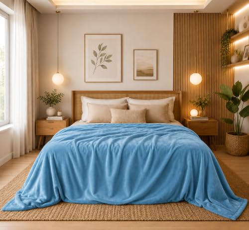 Image of SANMARINO Premium Solid Flannel Blanket for Double Bed | Super Soft Touch Plush Fleece Blanket | All Season Lightweight Yet Cozy Blanket for Bed,Sofa,Couch, Travel & Camping | 228 x228 cm (Aqua)