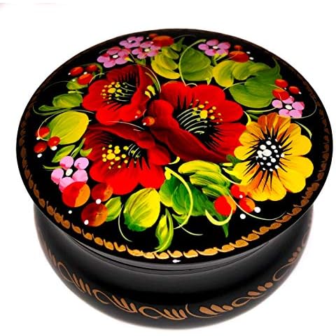 UA Creations Small Round Jewelry Box with Lid for Rings Necklace and Earrings Hand Painted Floral Lacquer Trinket Box Cover