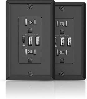Black USB Outlet, 15 Amp TR Receptacle, 30W 6.0A Charging Electrical Socket with 3-Port, USB C & USB A Port, UL Listed, Wall Plate Included, 2 Pack