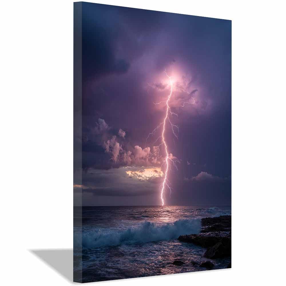 HOQIU Landscape wall art Stormy Ocean Lightning canvas art, art print, house decor, bedroom wall decor above bed, prints for living room.(Multicolor)-30x40cm Framed