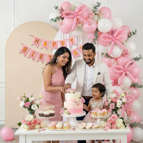 Image of Party Propz Bow Theme Birthday Decoration Kit for Girls - 42 Pcs, Pink Themed Happy Birthday Banner, Long Balloons, White and Pastel Pink Birthday Decoration Kit (Carstock,Latex)