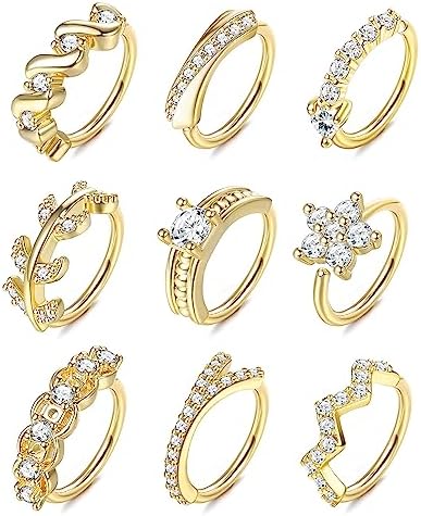 UBGICIG 9Pcs 20G Stainless Steel Nose Rings Hoop for Women Men Paved CZ Cute Cartilage Helix Earrings Hoop Body Piercing for Nose Ear Gold Silver Plated (Gold)