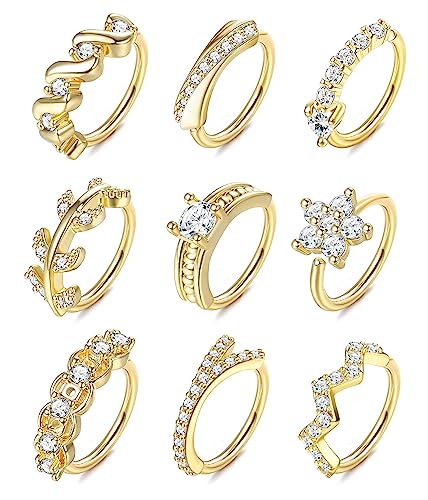 UBGICIG 9Pcs 20G Stainless Steel Nose Rings Hoop for Women Men Paved CZ Cute Cartilage Helix Earrings Body Piercing for Nose Ear Gold Silver