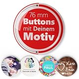 Extra große Buttons 76 mm (10 Stück) selbst gestalten – personalisierte Anstecker mit Foto für JGA, Hochzeit & Events – Made in Germany