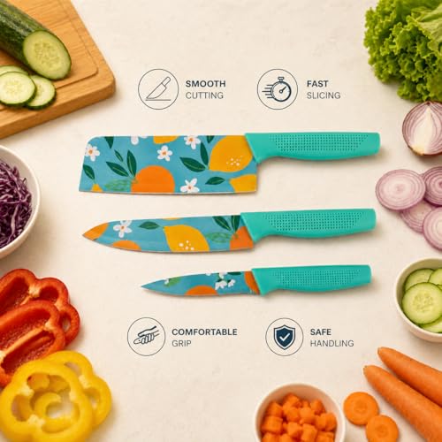 Image of Kitchen Knife Set 3-Piece Stainless Steel | Sharp Non-Stick Chef, Utility & Paring Knives | Ergonomic Non-Slip Handle for Vegetable, Fruit & Meat Cutting | Blue