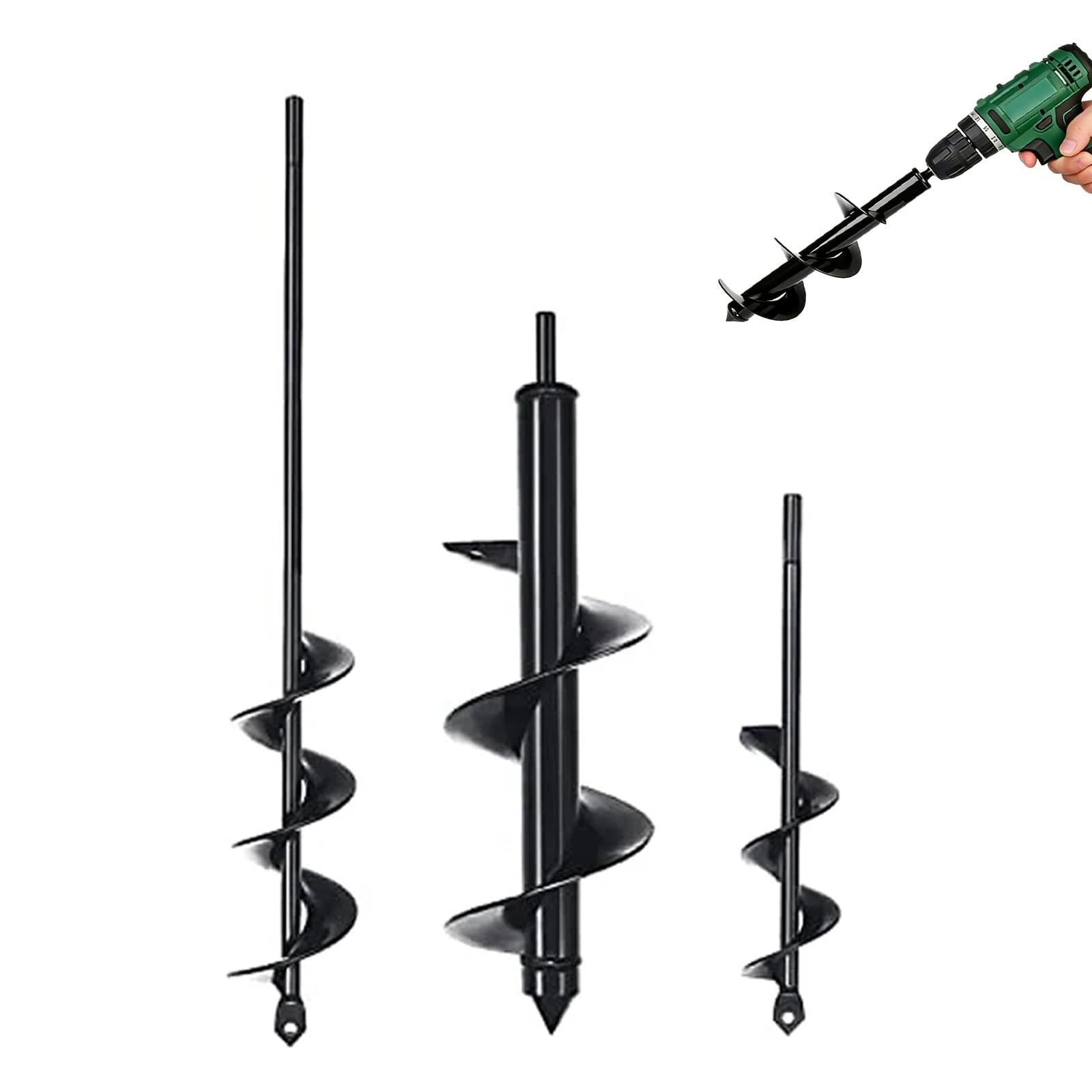 OUKENS 3 punte per trapano da giardino, per avvitatore a batteria, coltivatore a terra, in acciaio al carbonio, per giardinaggio, concimazione, foro di ghiaccio, 4,6 x 37 cm, 8 x 30 cm, 4 x 22 cm