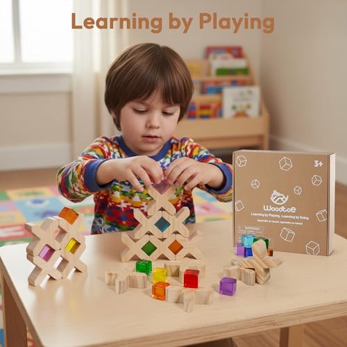 Image of Woodtoe 80 PCS Rainbow Building Blocks Set, Wooden Blocks for Kids Ages 3-6 | Montessori Stacking Toy, 48 PCS Acrylic Blocks, 32 Wooden Blocks, Educational STEM Learning Sensory Toy Gifts for Boy Girl