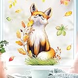 Fensterbild Herbst sitzender Fuchs mit Blättern, herbstlicher Fensteraufkleber Fensterdeko, A4 Bogen