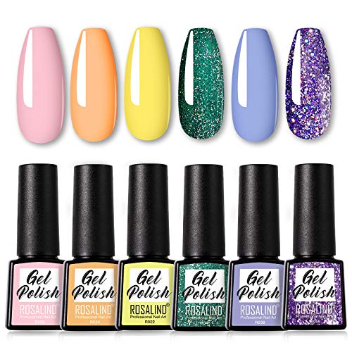 ROSALIND 7.3ml Gel Nail Polish 6pcs Pink Orange Yellow Glitter,Nail Art Desgin Soak Off Nail Gel Set DIY at Home
