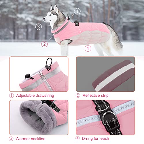 Image of Lelepet Dog Coat Warm Dog Winter Coat Waterproof Dogs Jacket with Harness | Reflective Pet Fleece Vest Zip-Up Cold Weather Coats for Large Dogs Turtleneck & Windproof Coats Boston Terrier Pink L