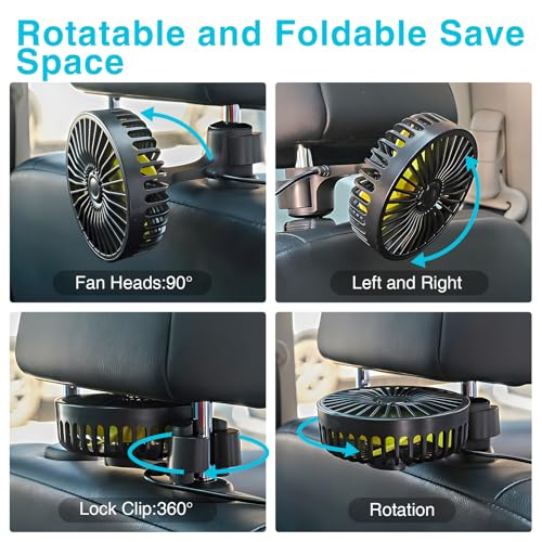 Image of Dealswin USB Car Seat Fan for Backseat Protable Car Cooling Fans for Baby Kids, 3 Speeds and 360 Degree Rotatable for Sedan, SUV, RV, Van Black