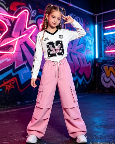Image of Betusline Girls 2 Piece Summer Outfits,Kids Casual Short Sleeve Crop Top & Cargo Jogger Pants Sets,4T-14Y