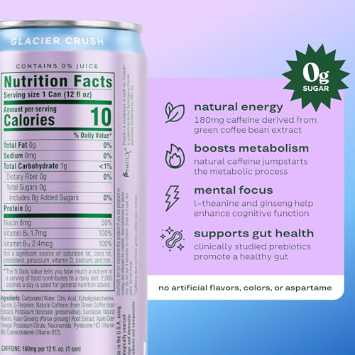 Image of Bloom Nutrition Sparkling Energy Drink - Natural Caffeine, Zero Sugar, 180mg - Antioxidant-Rich with Green Coffee Bean, Green Tea Extract, Prebiotics - Glacier Crush - 12oz 12 Pack