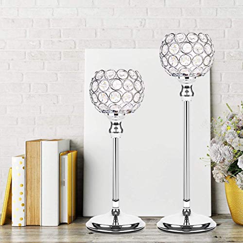 Manvi Silver Crystal Candle Holders Set of 2 for Table, Tall Tealight Candlestick Holder for Wedding Kitchen Dinner Coffee Table Decorative Centerpieces Christmas Thanksgiving Gifts