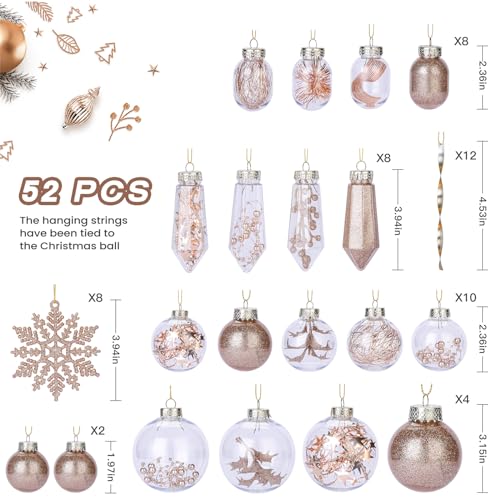 SHareconn 52pcs Christmas Balls Ornaments Set, Shatterproof Plastic Clear Decorative Baubles for Xmas Tree Decor Holiday Wedding Party Decoration with Hooks Included, Champagne