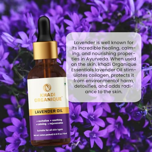 Image of Khadi Organique Lavender Essential Oil | 100% Pure & Natural Oil for Hair Growth, Stress Relief & Glowing Skin | Soothing Aromatherapy & Massage Oil For Body | Helps in Meditation & Relaxation - 15ml