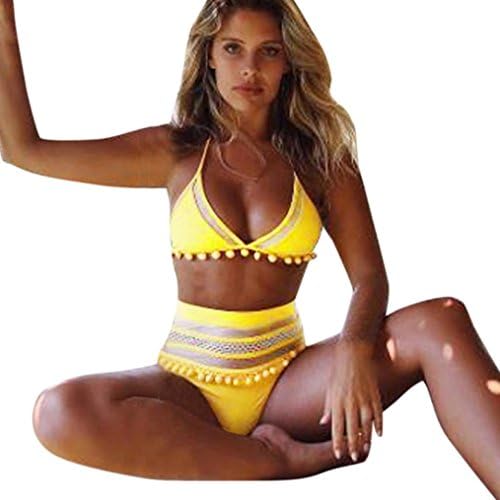 Womens Swimsuits,Bokeley Sexy Womens Two Piece Lace Up Bikini Set Push-Up Padded Bra Bathing Suit Women Mesh Swimwear (Yellow, M)