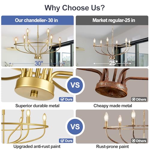 30" Gold Chandelier, 9-Light Modern Farmhouse Chandelier for Dining Room Lighting Fixtures Hanging, Candle Chandelier Light for Living Room, Kitchen Island, Bedroom and Entryway (Bulbs Not Included) - Thumbnail 4