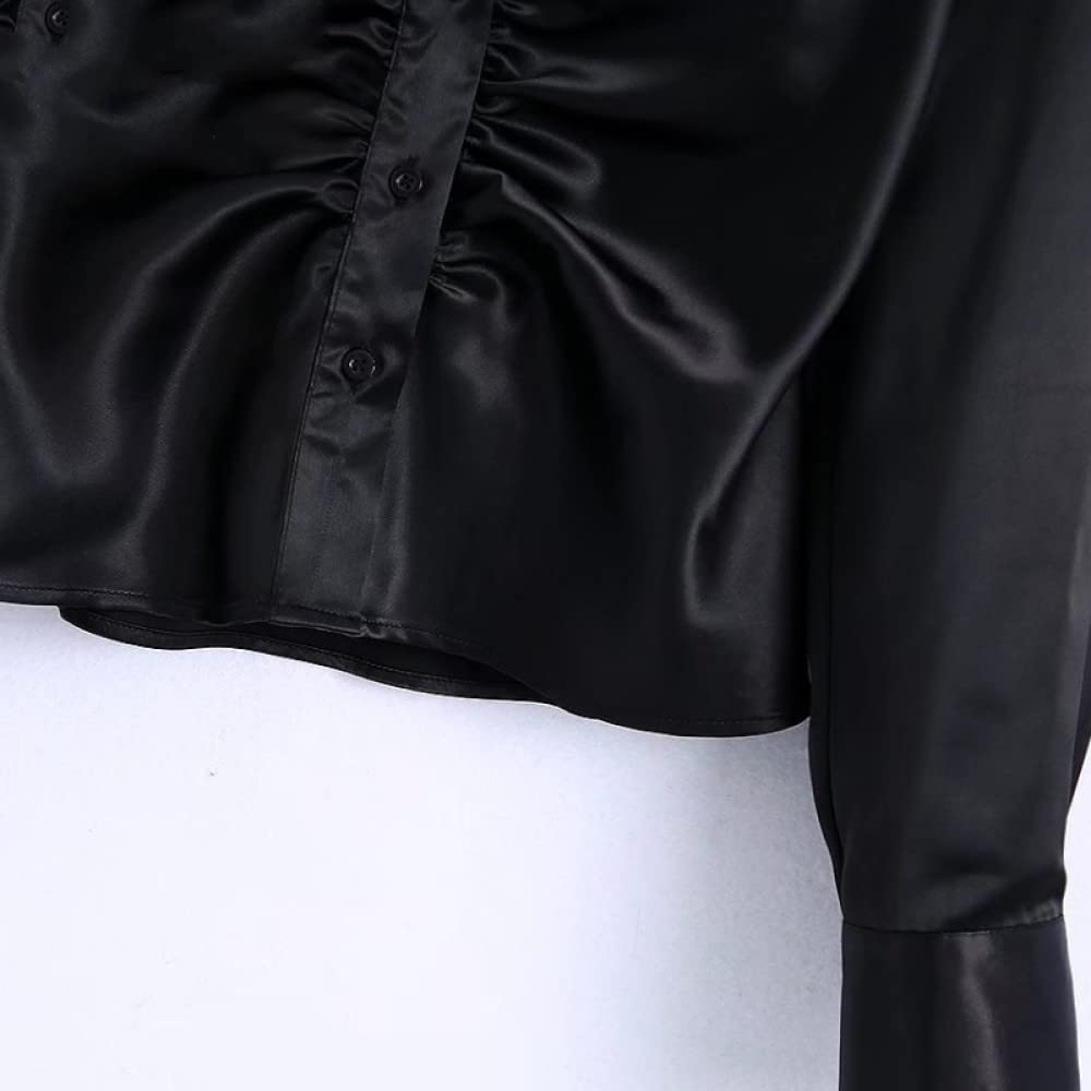 Camicia Uomo,Delle Donne Nero Solido Raso Di Seta Risvolto Bottone Volant Attillato Slim Fit Sexy Camicette Estive Tunica A Maniche Lunghe Elegante Casual Alla Moda Magliette E Camicette Camicia Da
