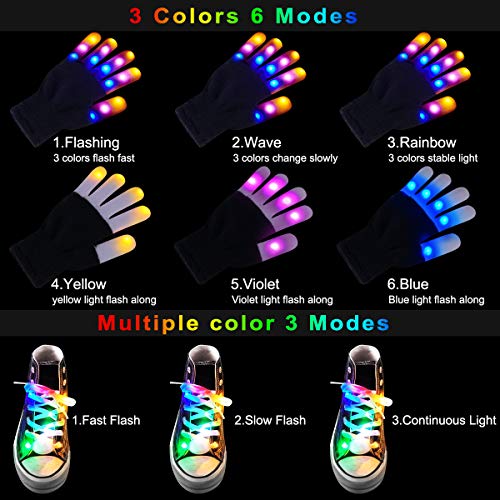Aywewii Led Gloves LED Shoelaces Set,2 in 1 Led Finger Gloves with 6 Flashing Modes Glow Gloves Light Up Toys for Boys Girls Flashing Gloves (Black)