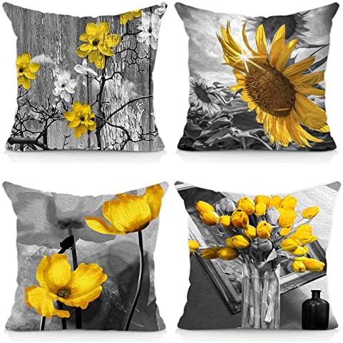 Okasion Set of 4 18x18 Flower Throw Pillow Covers Yellow Gray Black Decorative Pillow Covers Bed Sofa Couch Pillow Covers Yellow Fall Sunflower Linen Farmhouse Square Pillowcases Summer(Yellow Black)